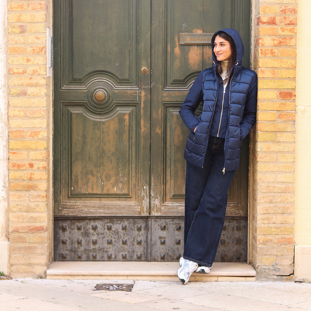 piumino lungo doppio tessuto maniche BLU