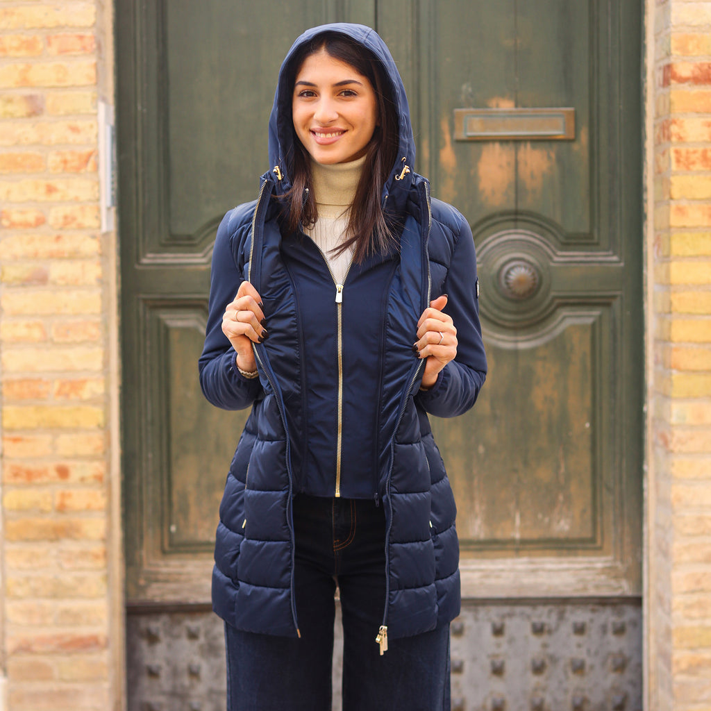 piumino lungo doppio tessuto maniche BLU