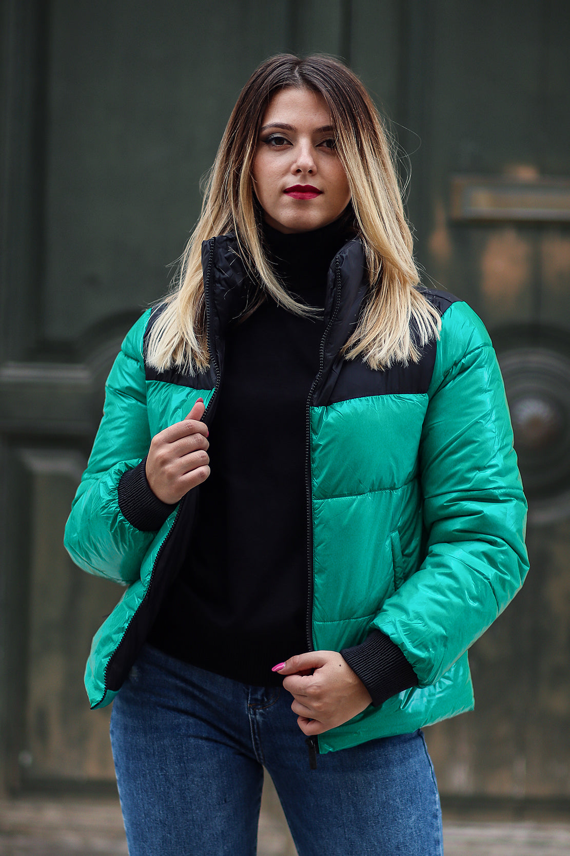 Piumino Denny Rose corto verde e nero